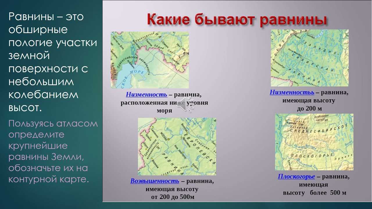 Изучите свой школьный атлас опишите виды географических. Какие бывают равнины. Географический рельеф. Равнины низменности возвышенности. Рельеф равнины.