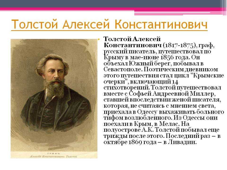Имя писателя толстого. Доклад о Алексее толстом. Биография Алексея Константиновича Толстого кратко 1817-1875.