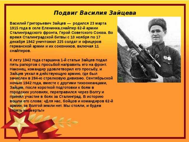 Не будет героя не будет и подвига. Подвиг Василия Зайцева в Сталинградской битве кратко.