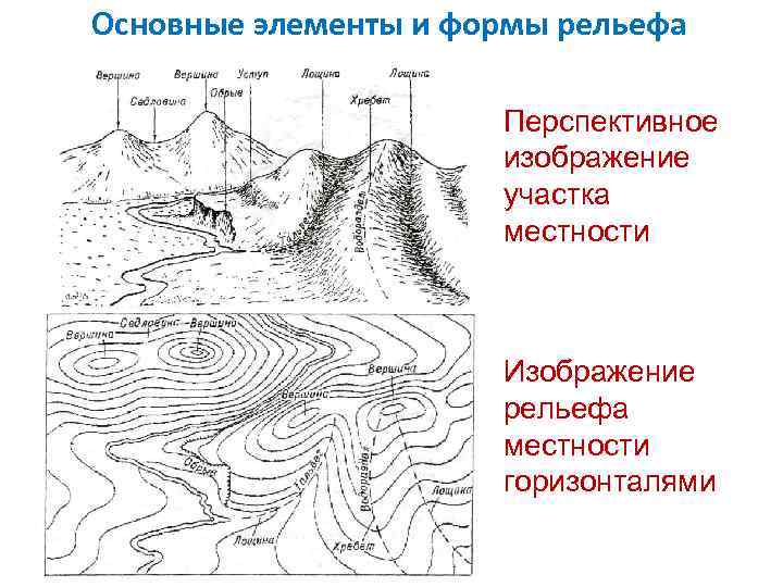 Основные формы рельефа горизонталями. Рельеф схема география. Основные типовые формы рельефа.